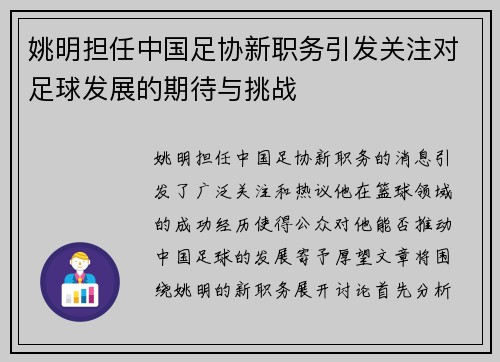 姚明担任中国足协新职务引发关注对足球发展的期待与挑战