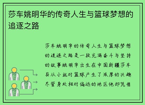 莎车姚明华的传奇人生与篮球梦想的追逐之路